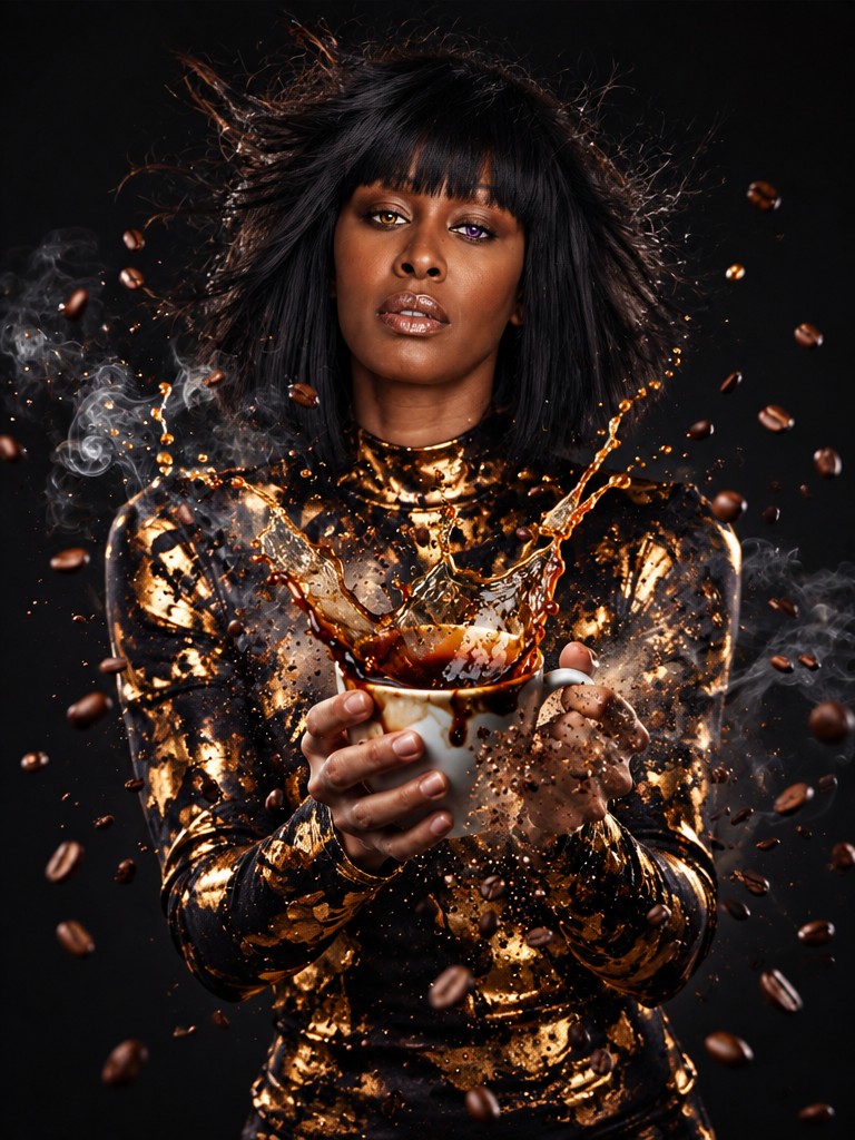 Gold and black creative coffee splash portrait